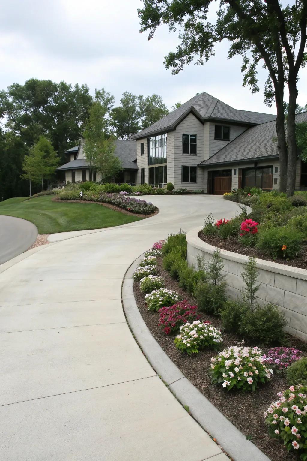 A gracefully curving driveway directs to a contemporary home, enhanced by flourishing, landscaped perimeters.