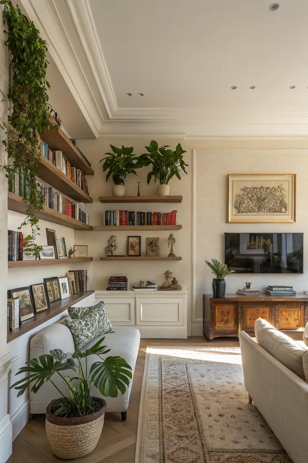 A living room enhanced with floating shelves showcasing books and art.