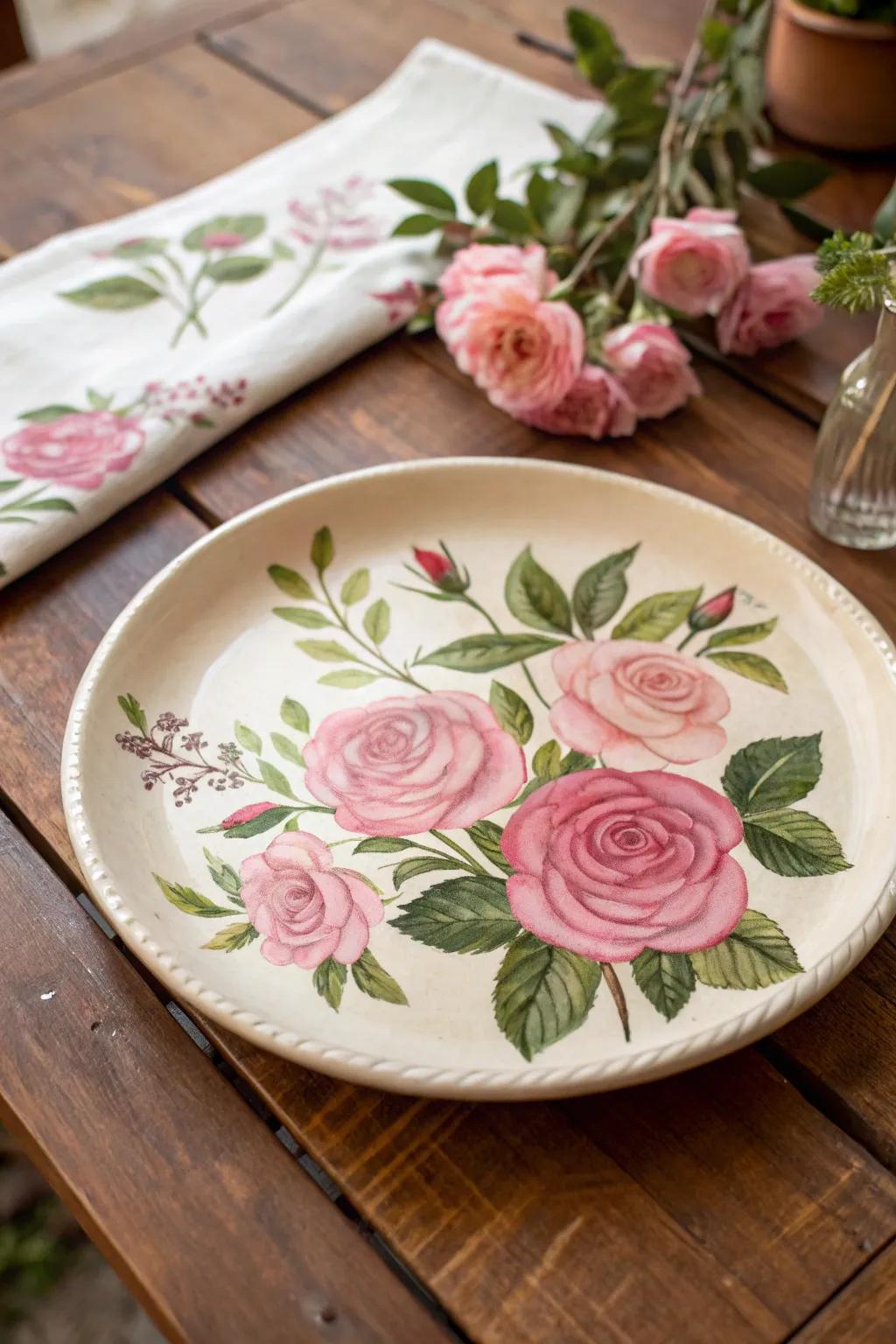 A timeless rose design imparts elegance to any plate.