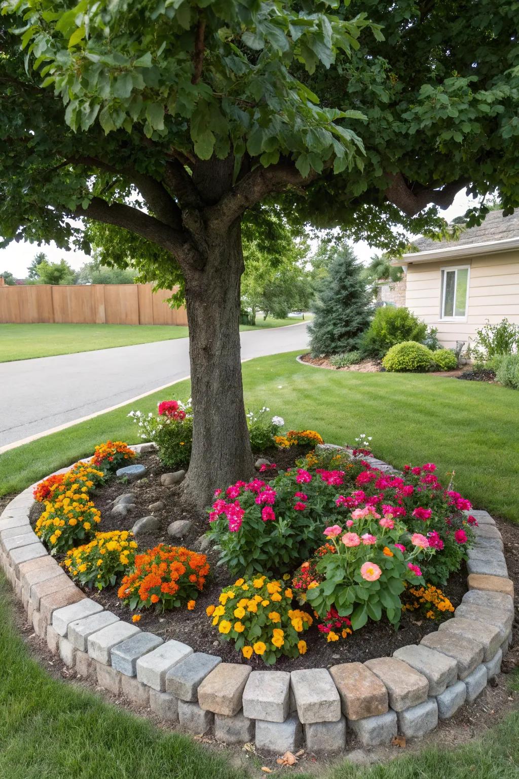 An elegant stone border gracefully encircles a tree, enhancing the overall charm of the garden.