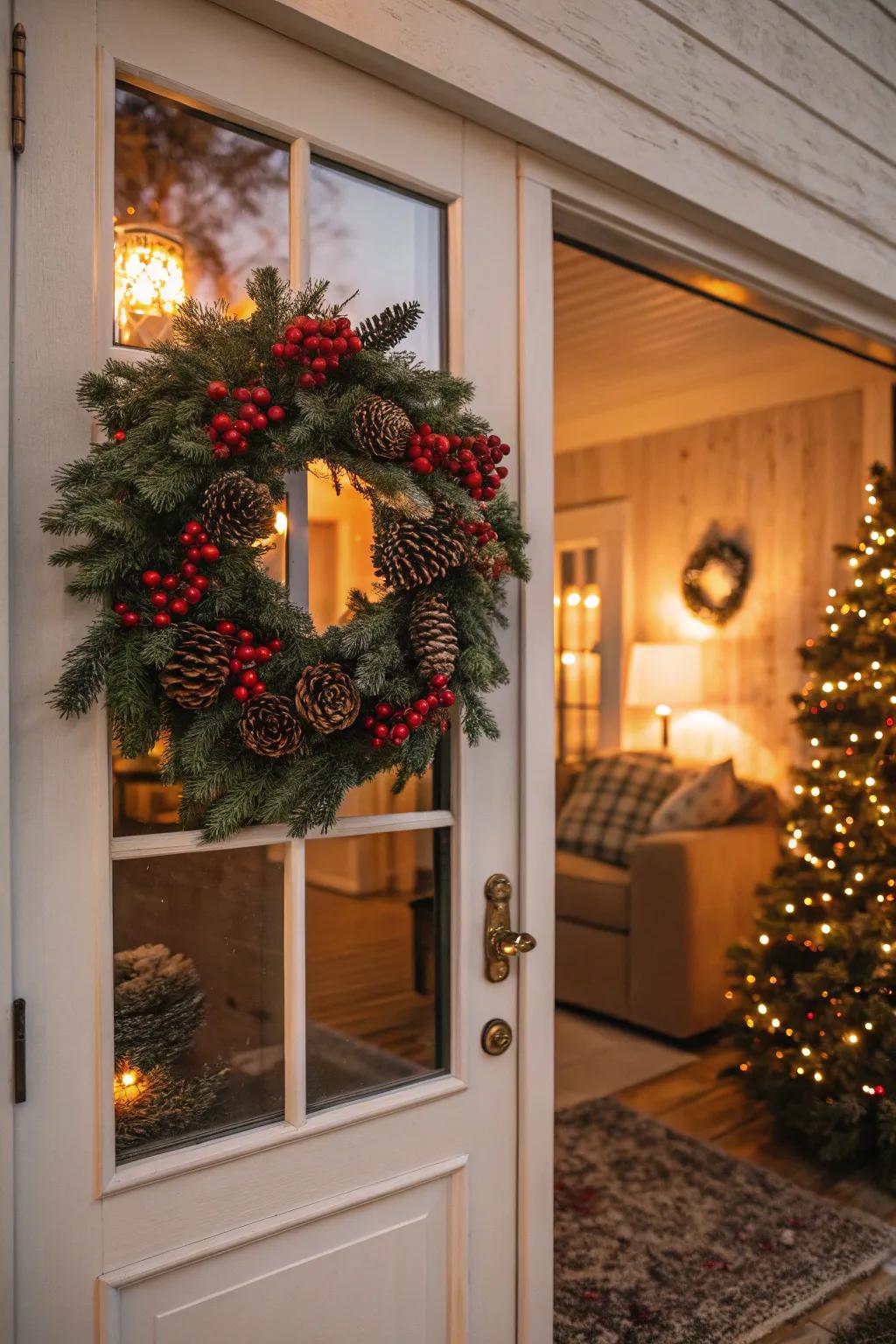 A festive wreath adds a touch of Christmas cheer to your front door.