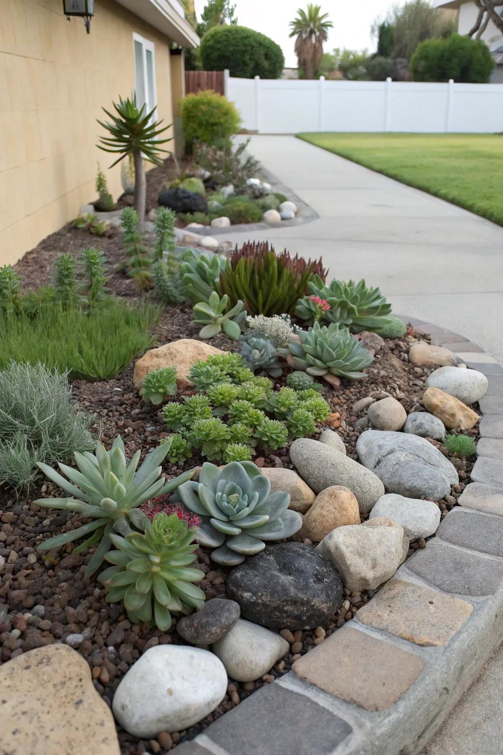 A tranquil miniature rock garden nestled in a front yard corner.