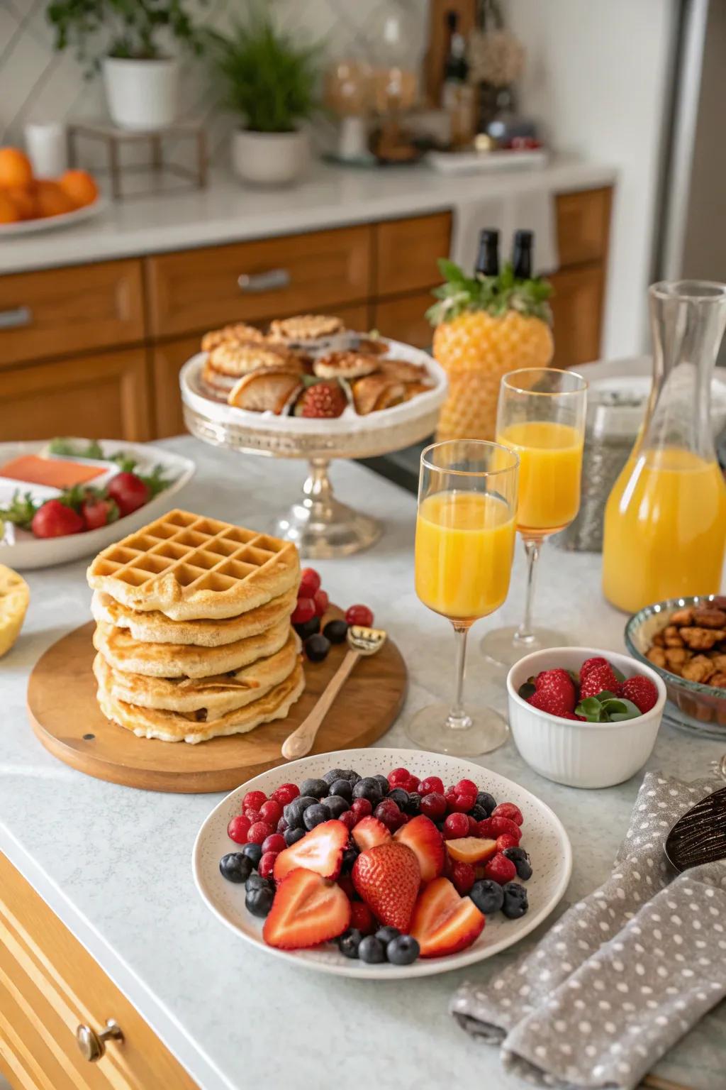 A vibrant Galentine's Day brunch setup with a delightful mix of sweet and savory dishes.