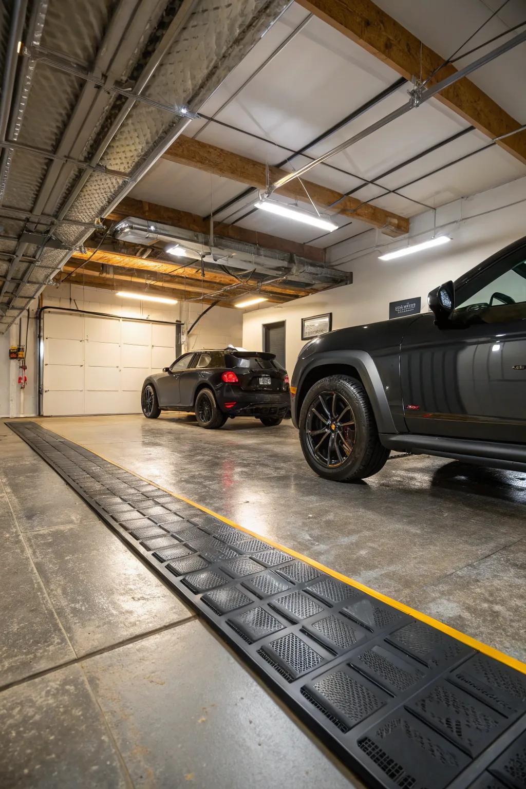 Rubber baseboards provide a durable and impact-resistant solution for busy garages.