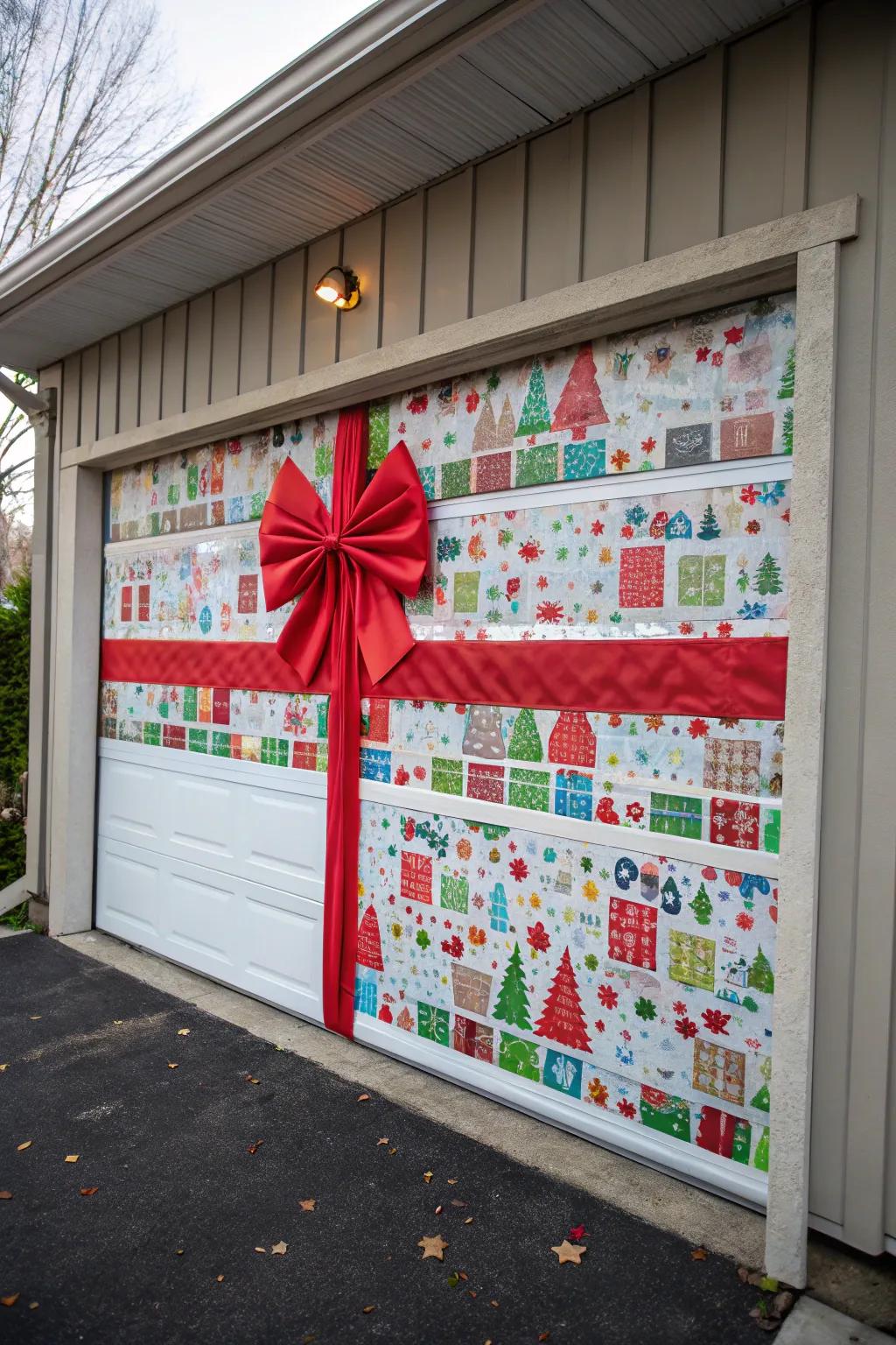 Garage door wrapped like a giant Christmas gift with a red bow.