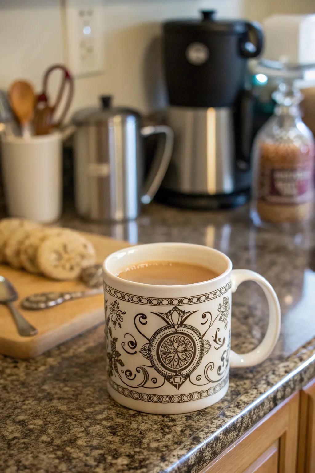 A personalized mug filled with warmth, perfect for starting the day right.