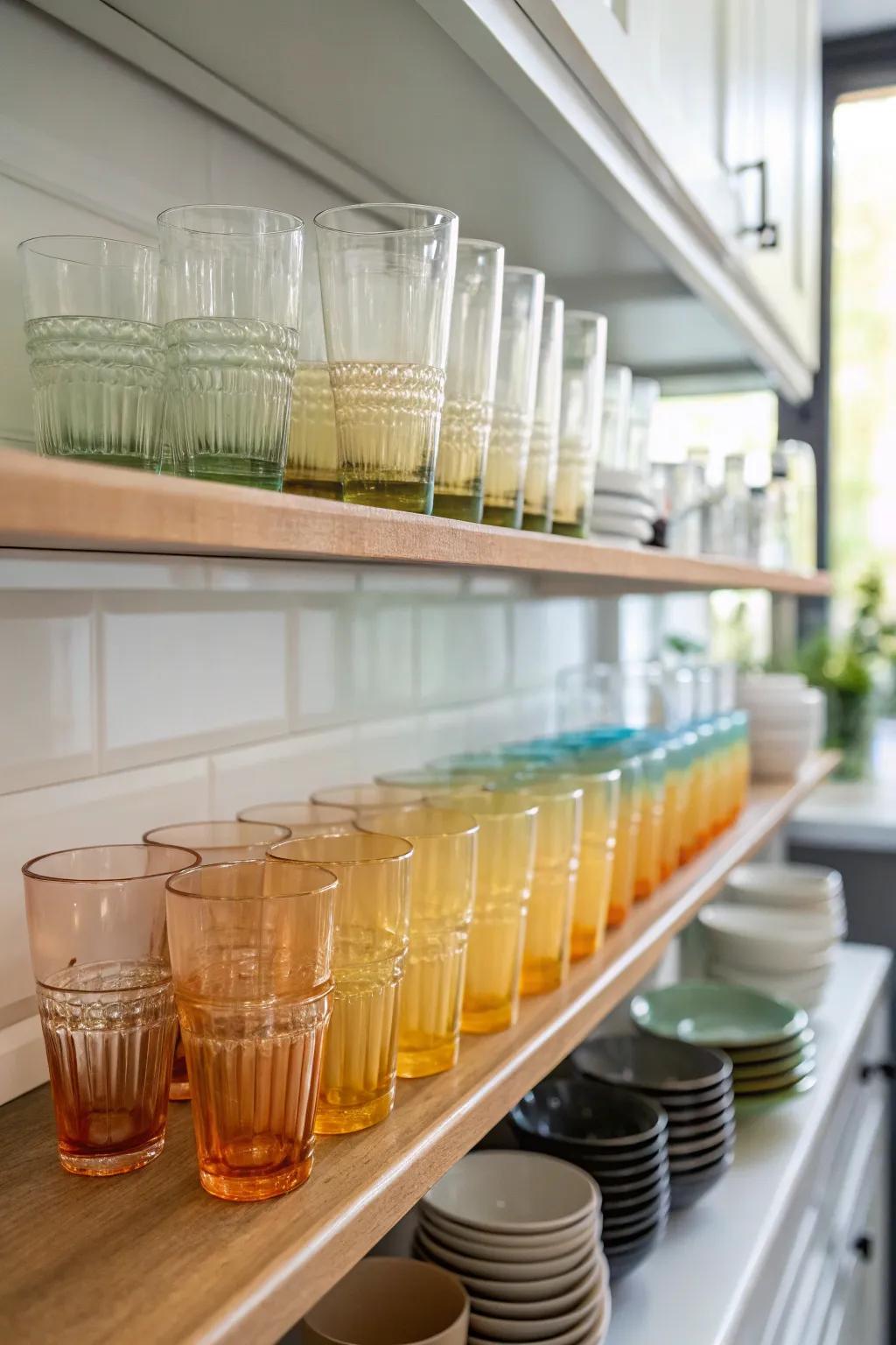 A breathtaking color gradient of glassware on a kitchen shelf.