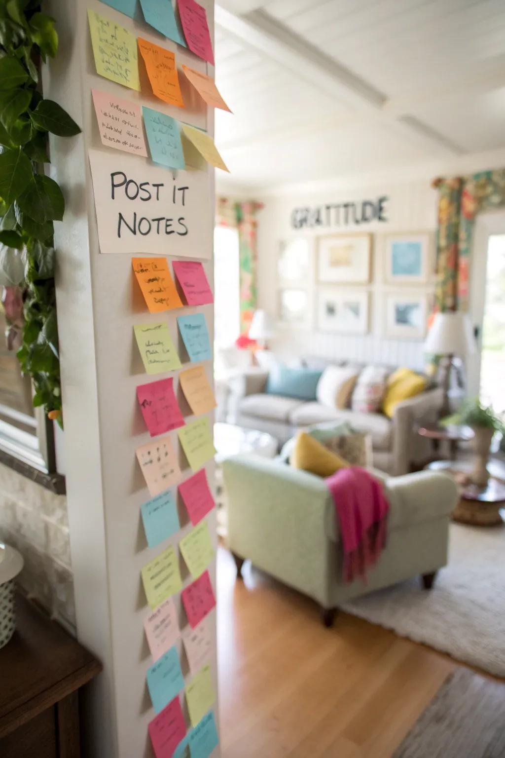 A vibrant gratitude wall featuring colorful Post-it Notes.