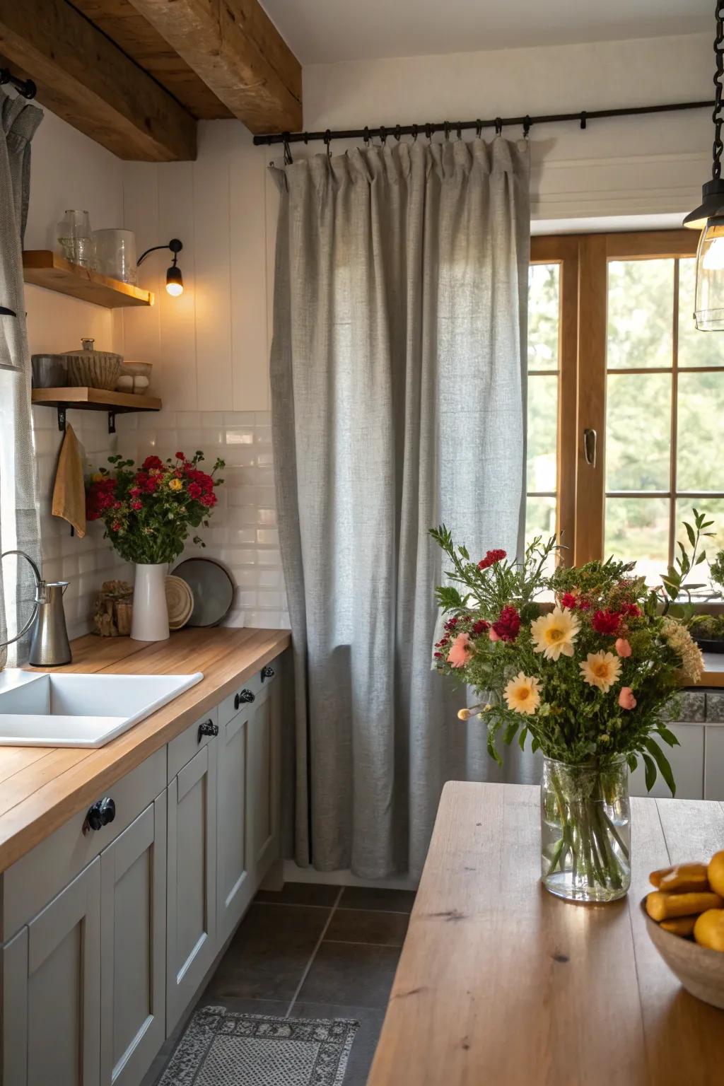 Elegant gray linen drapes infuse the kitchen with brightness and sophistication.