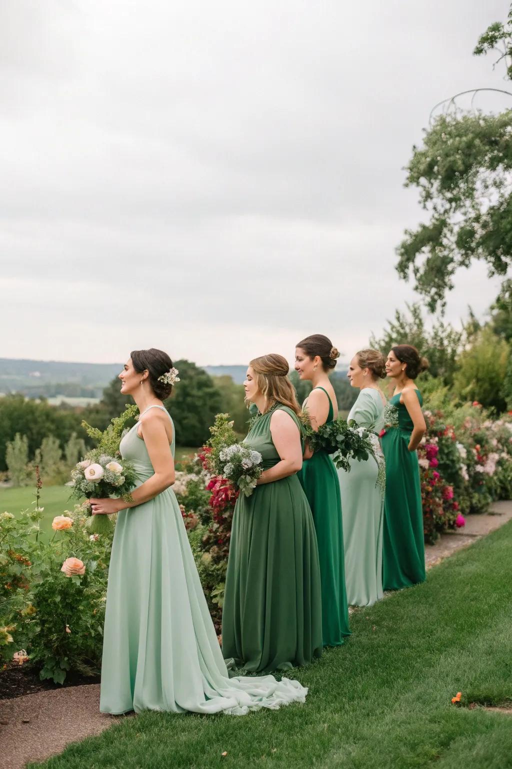 Bridesmaids in harmonious shades of green, perfect for any skin tone.