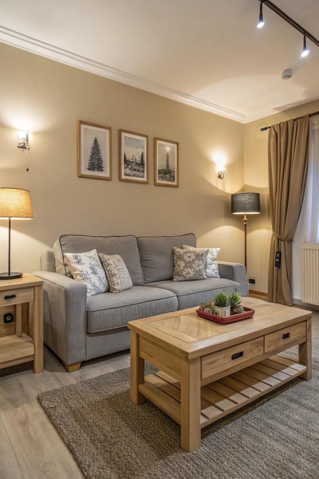 A calming living space with a grey couch and neutral tones.