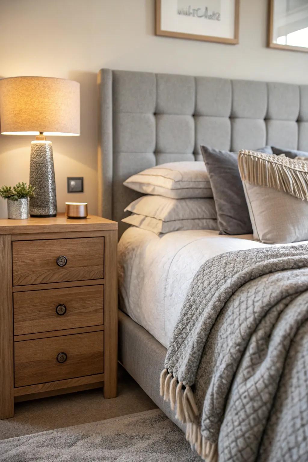 Achieve a cozy boudoir ambiance by harmonizing textures with grey furnishings.