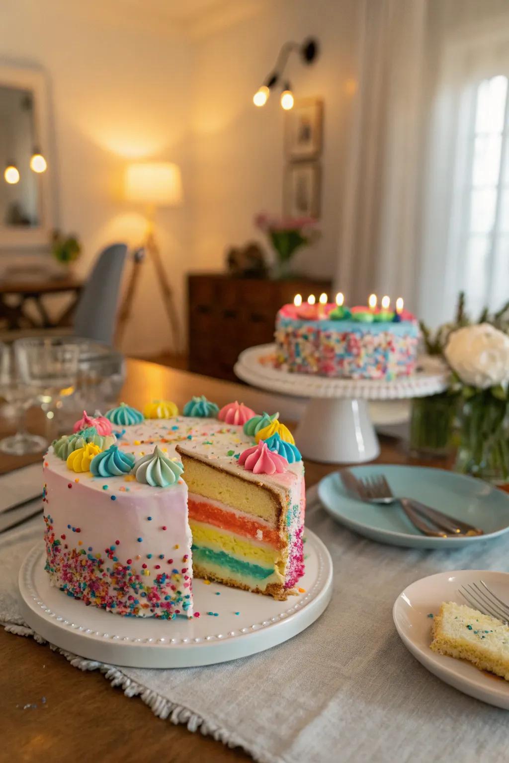 A delightful half cake adorned with vibrant icing and sprinkles, perfect for a half birthday.