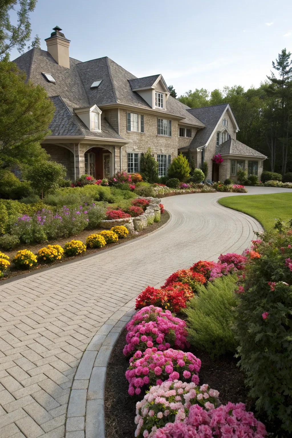 Symmetrical flower beds create a welcoming and balanced aesthetic.