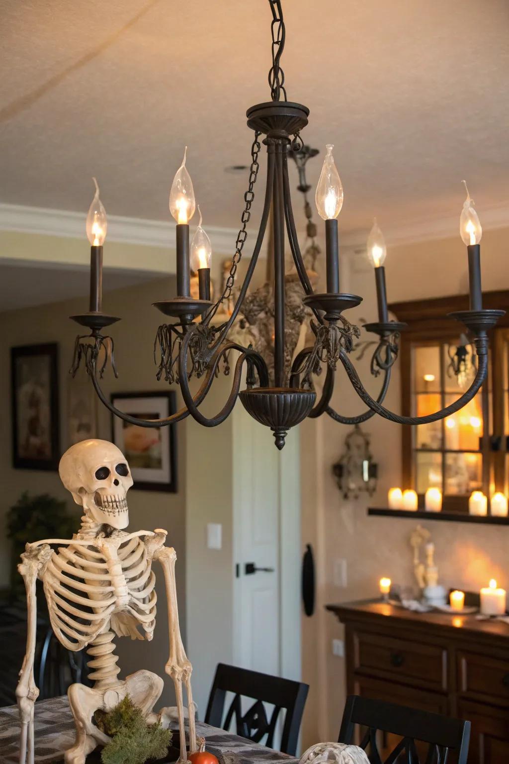 A skeleton transforms a chandelier into a spooky statement piece.