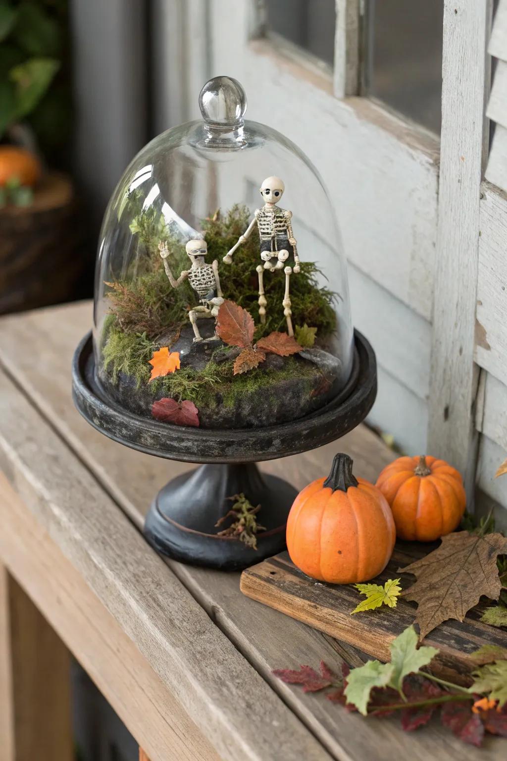 A spooky cloche with skeletons and moss for a graveyard vibe.