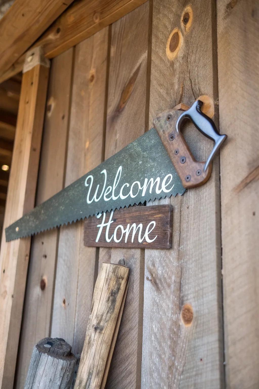 A vintage hand saw repurposed as a charming welcome sign.