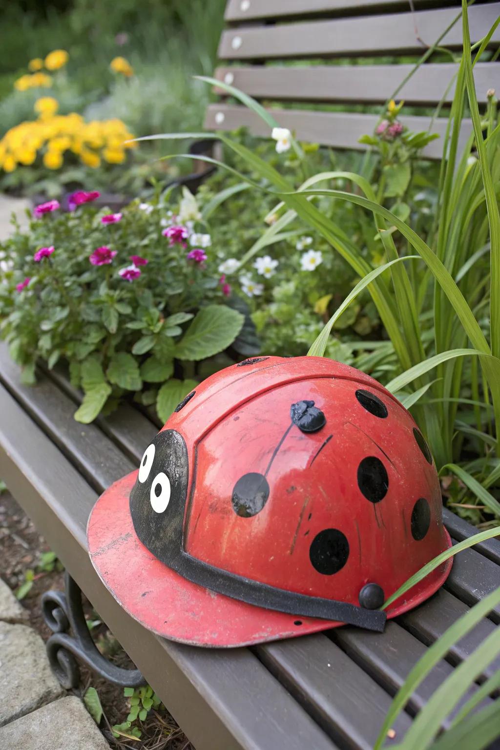 A playful ladybug-styled hard hat adds a cheerful element to safety attire.
