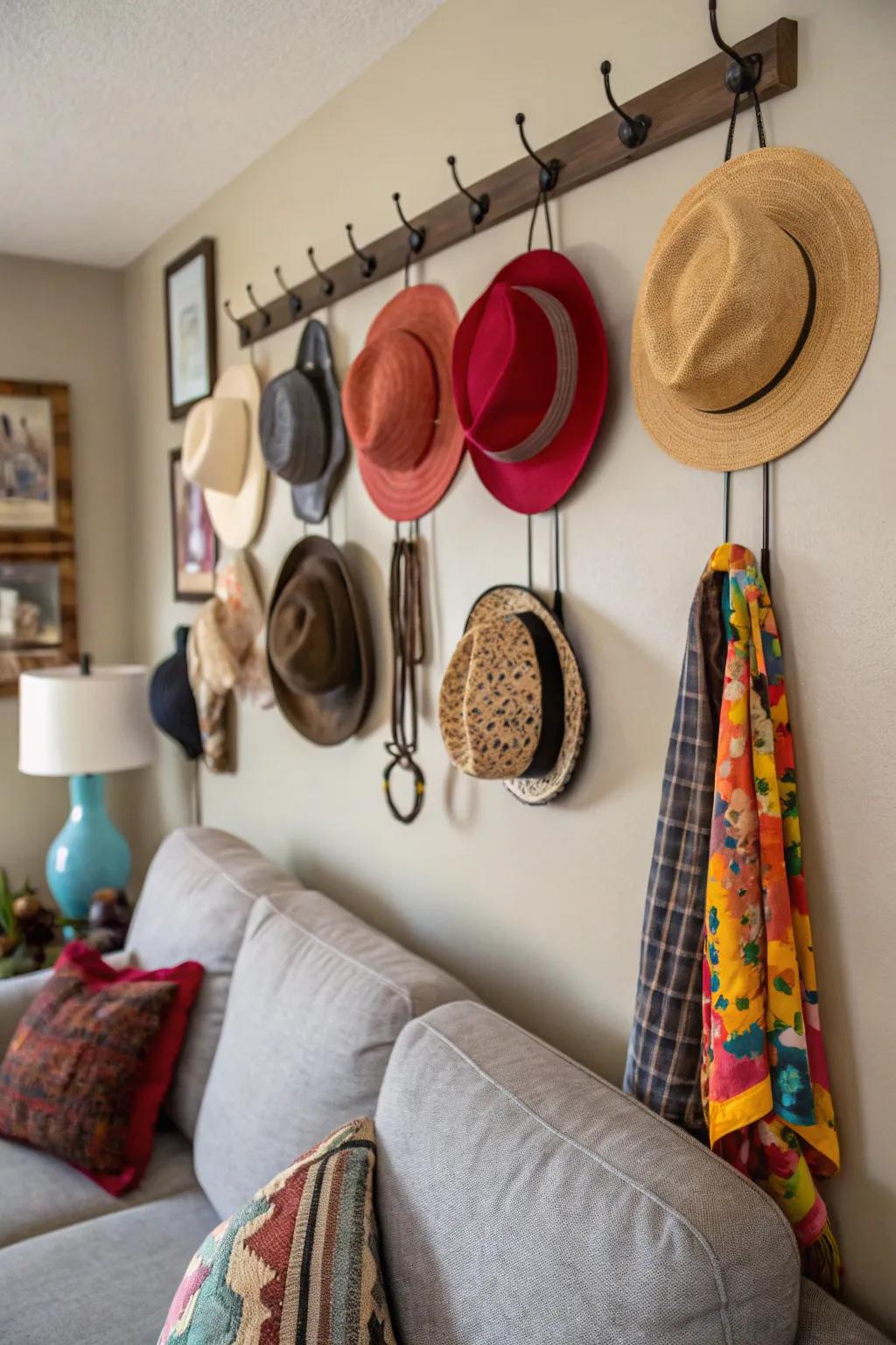 Design a fashionable hat display utilizing wall pegs for a tidy and structured presentation.