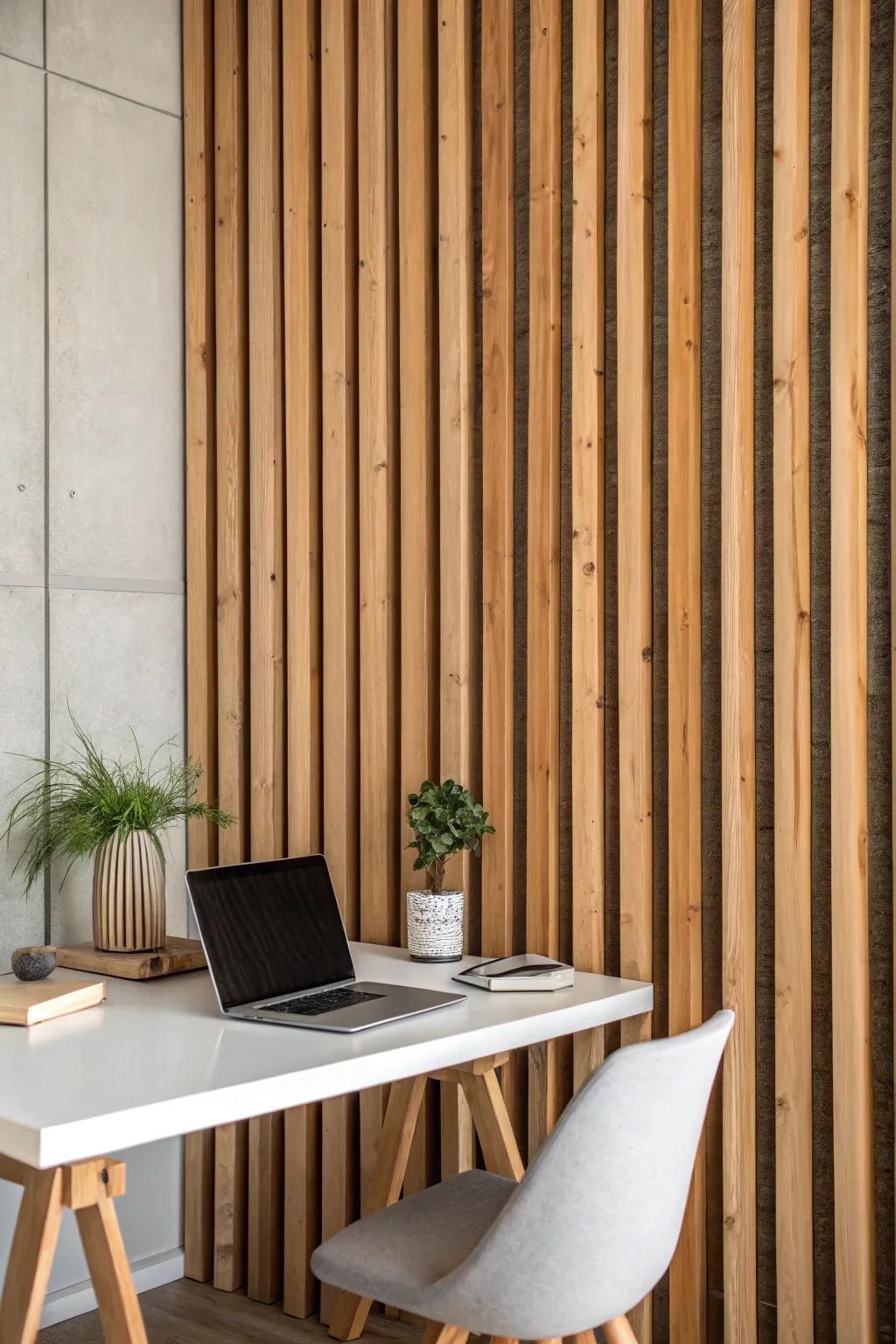 Upright wood panels bring texture and warmth to this home office setting.