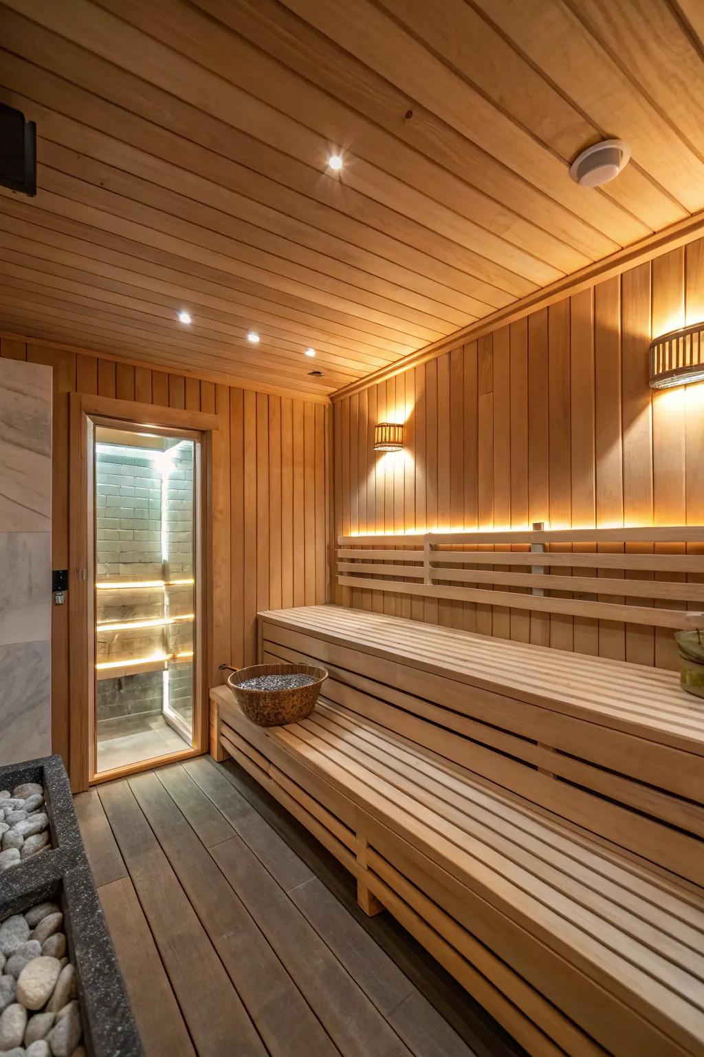 A cozy cedar wood sauna with a warm and inviting atmosphere.