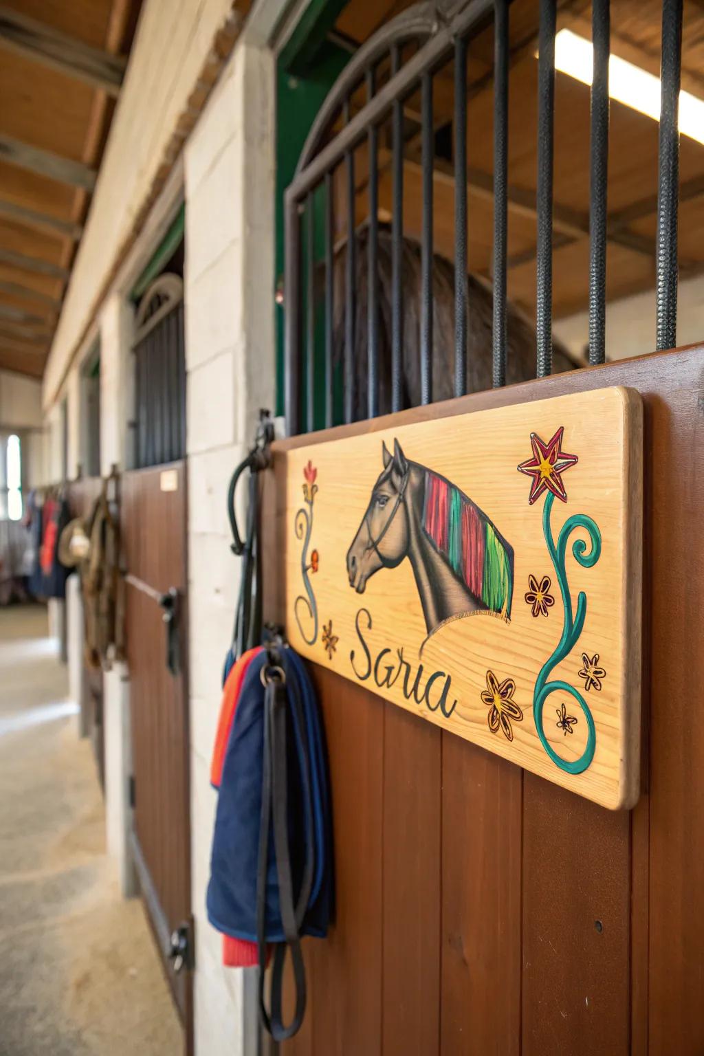 A personalized wooden nameplate for a horse stall.