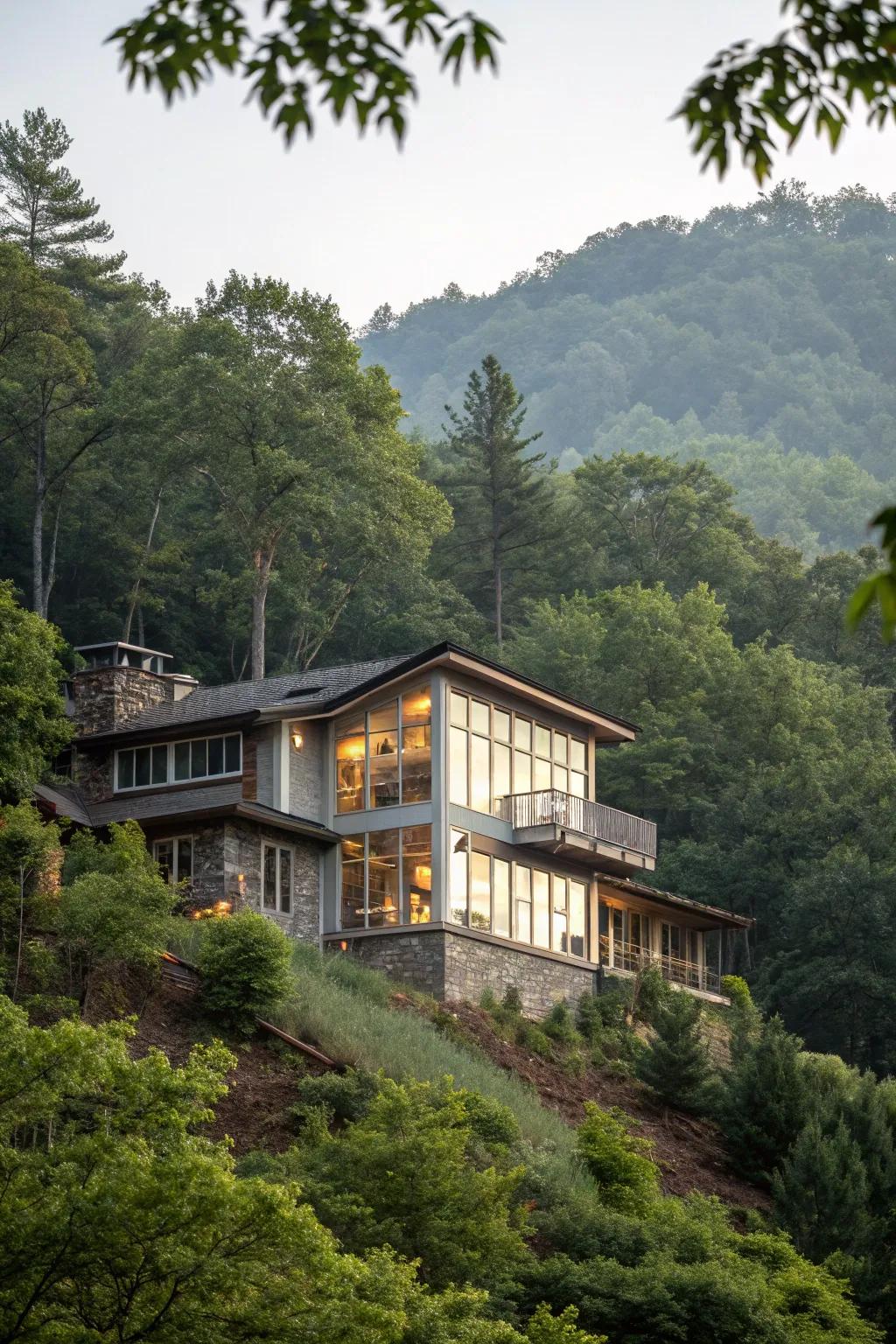 A split-level residence crafted to blend with its sloping landscape.