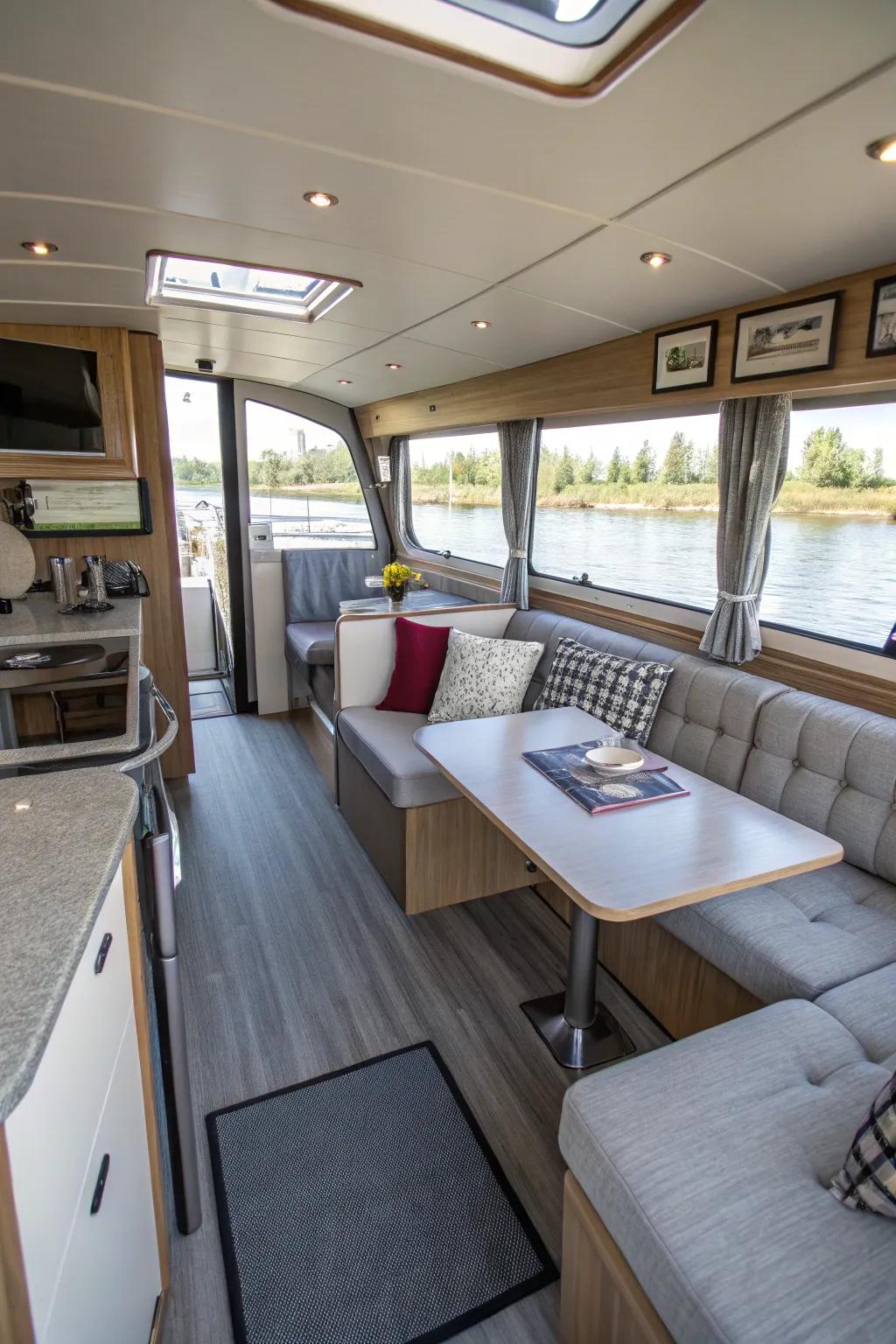 Smart use of multi-functional furniture in a houseboat's living area.