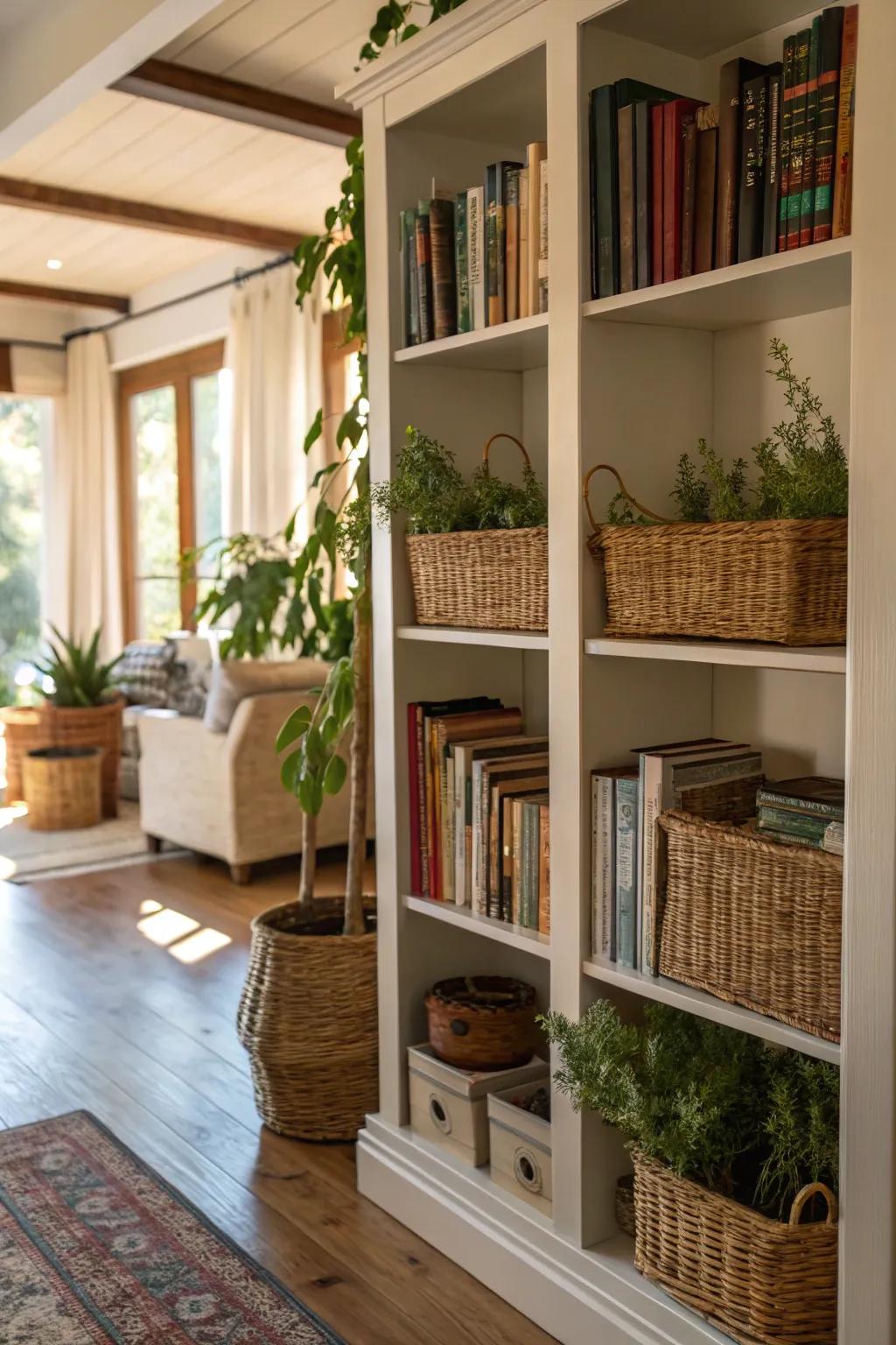 Baskets enhance the visual appeal of any bookcase.