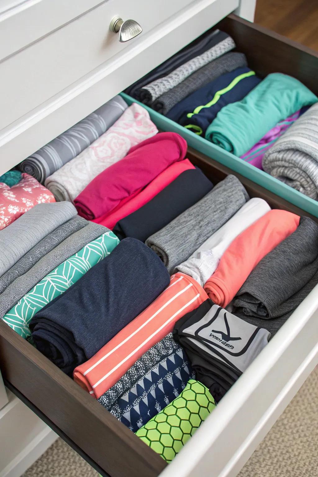 Workout clothes precisely folded utilizing the KonMari technique.