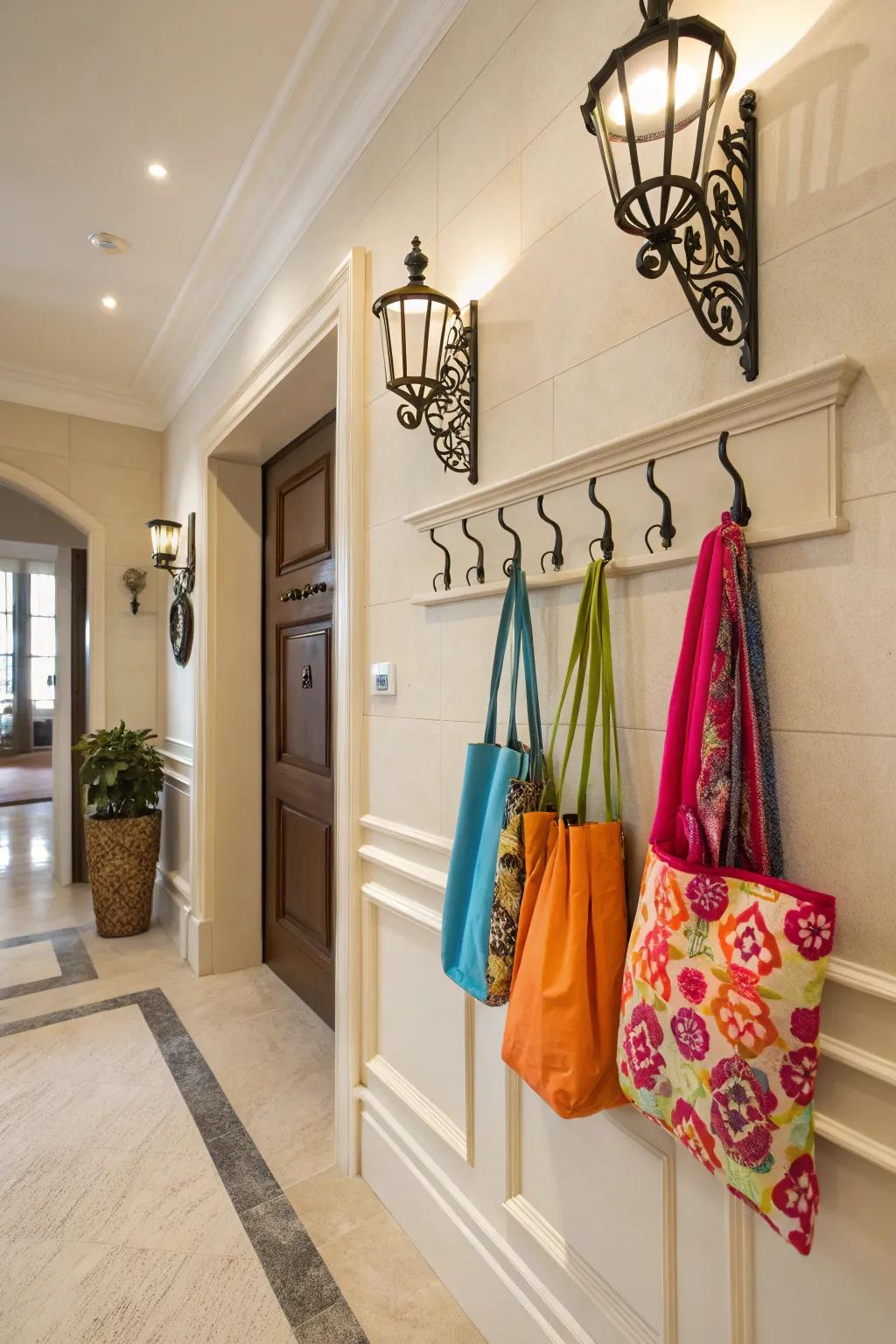 Turn your carry-all bags into a part of your wall decor using ornamental pegs.
