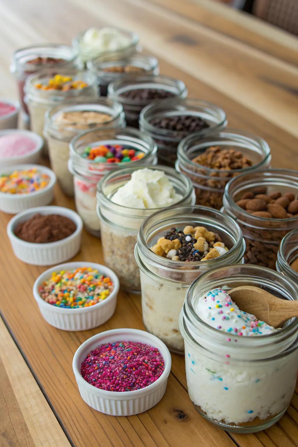 Glass storage containers incorporate a rustic appeal to your ice cream bar.
