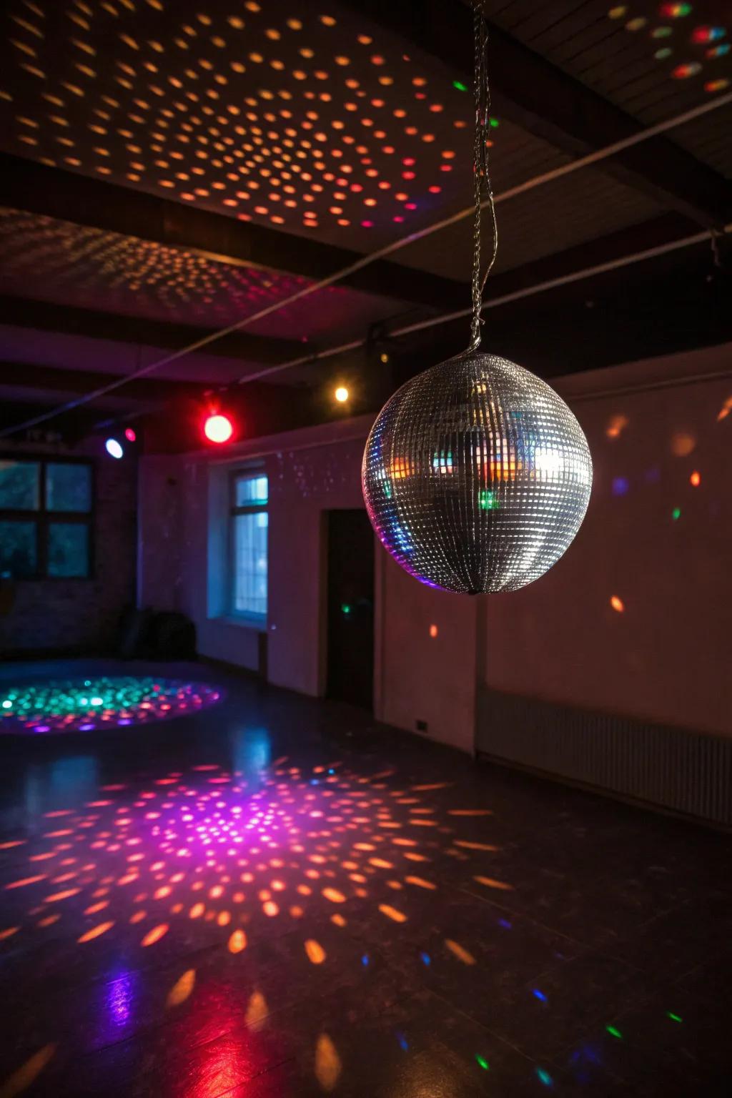 A classic disco ball casting vibrant reflections around the room.