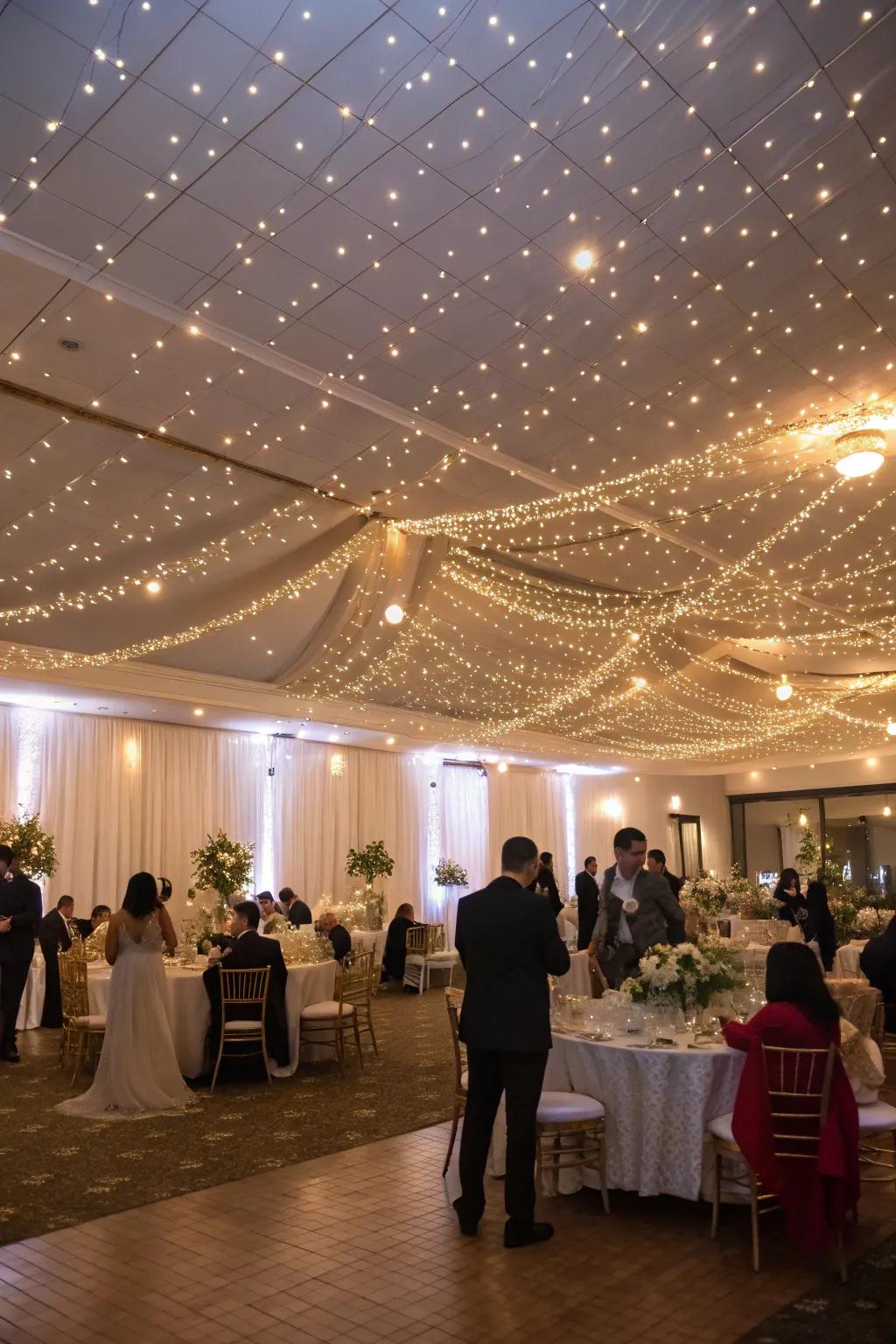 Indoor wedding reception with a starry sky effect from fairy lights.