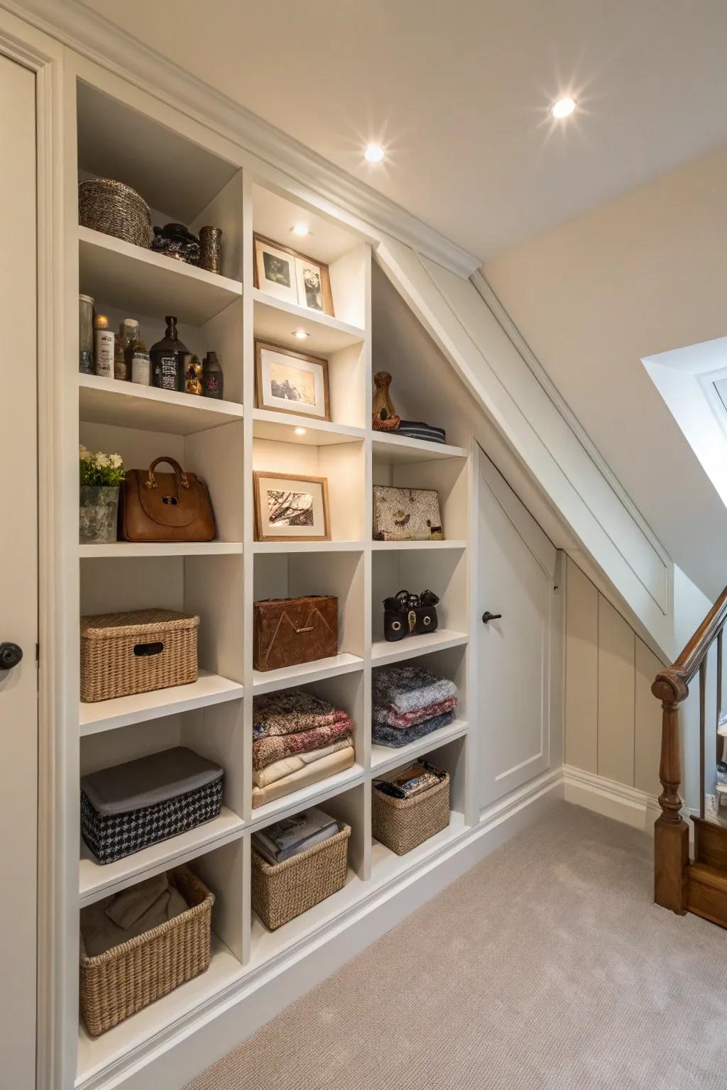 Bespoke shelving seamlessly integrated into a closet wall featuring an angle.