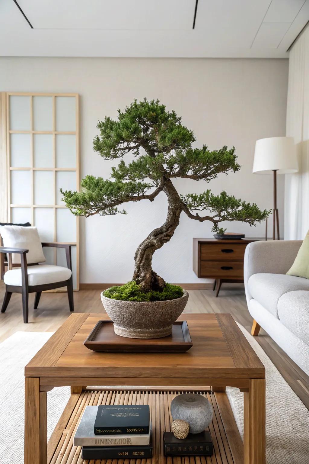 A classic upright juniper bonsai bestowing an aura of sophistication upon a spartan living space.