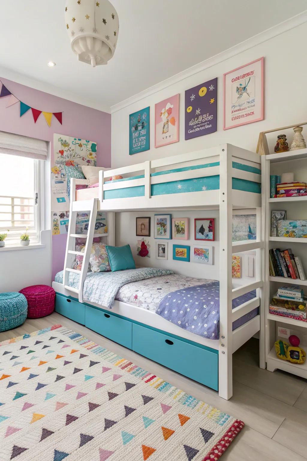 Bunk beds cleverly utilize vertical space in a contemporary kids' room.
