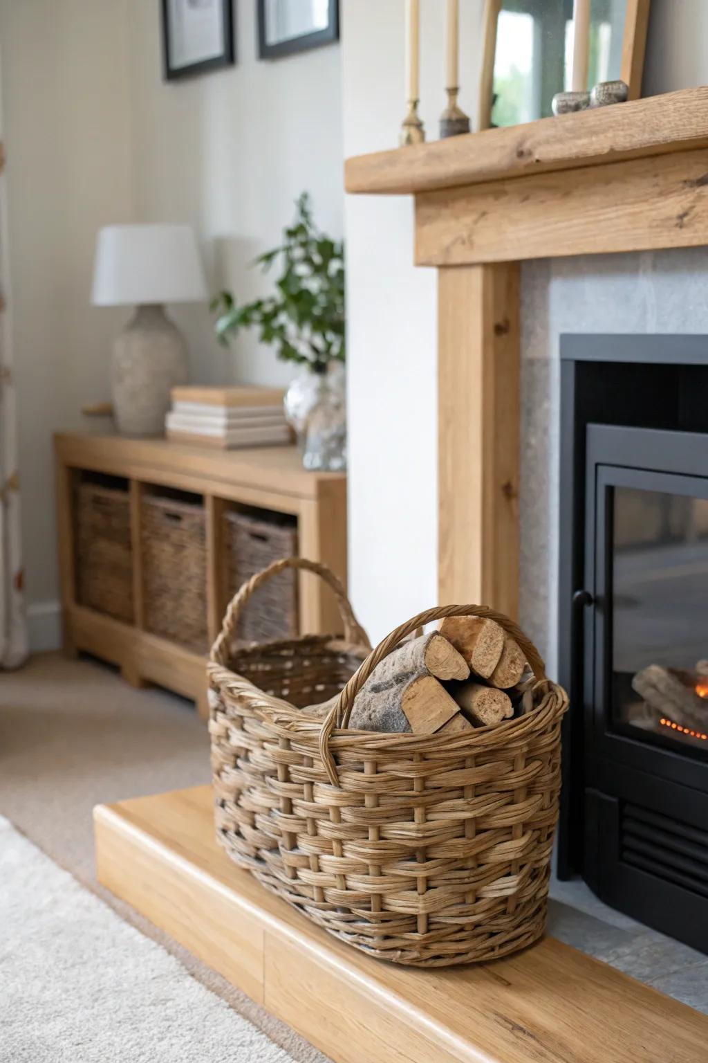 Woven baskets make for stylish and practical kindling storage.