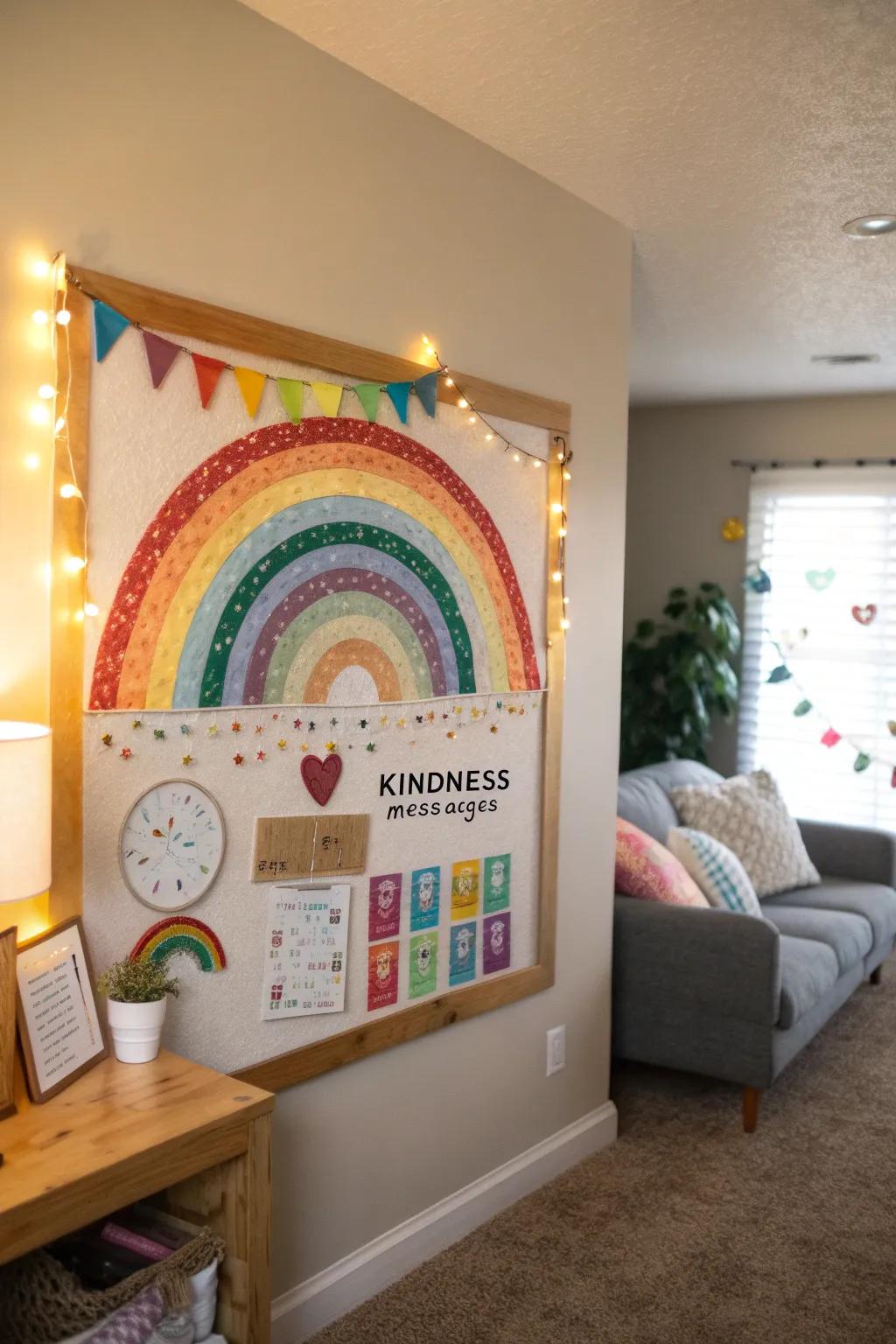 A cheerful rainbow-themed kindness bulletin board in a living room, spreading joy and positivity.