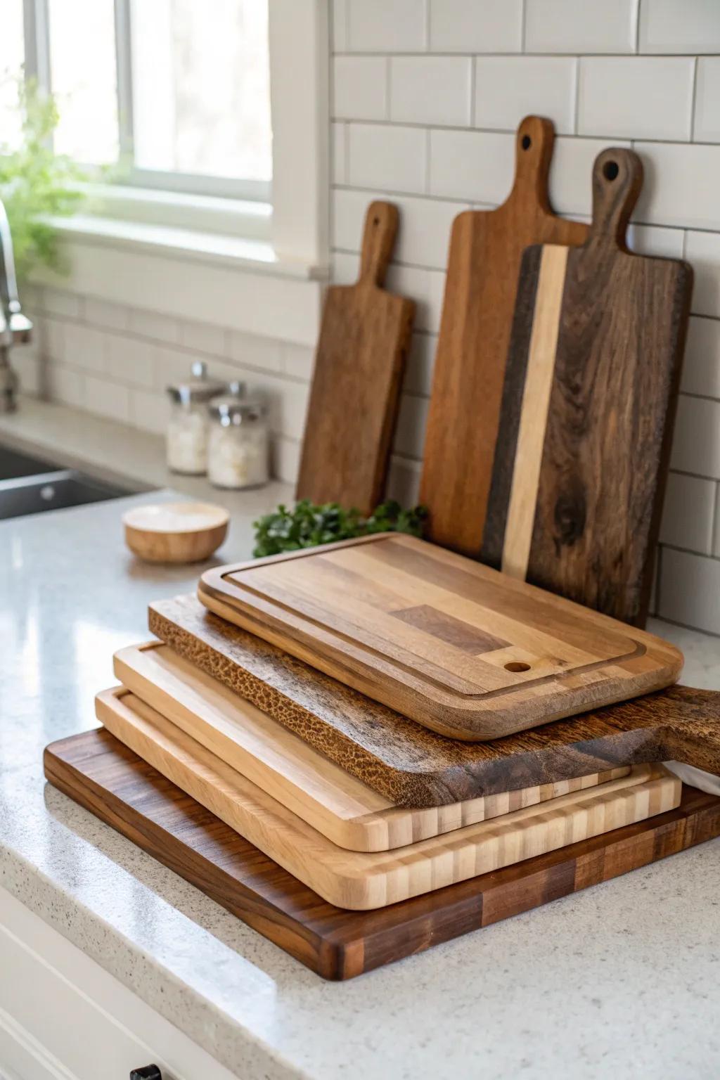 Layered cutting boards against a light backsplash add depth and visual interest.