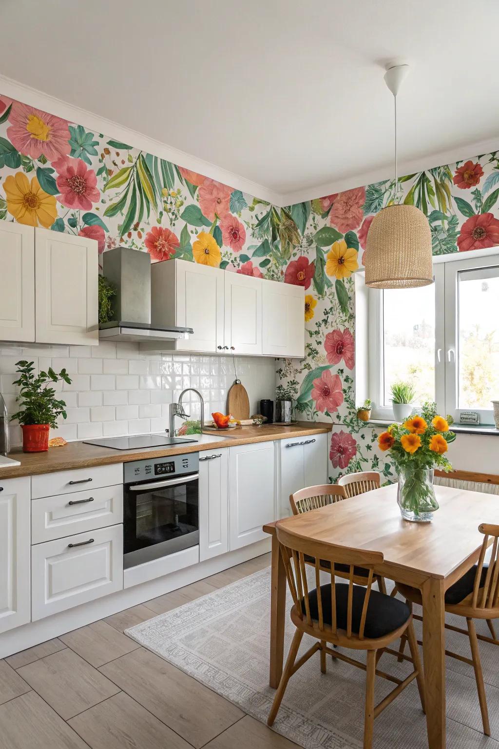 Floral wallpaper trims bring a lively, nature-inspired essence to your kitchen.