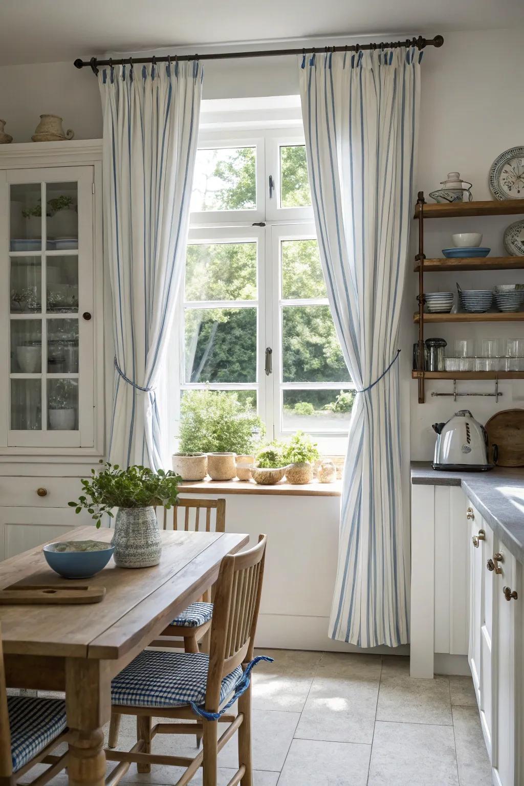 Timeless striped curtains bring a touch of elegance to this kitchen.