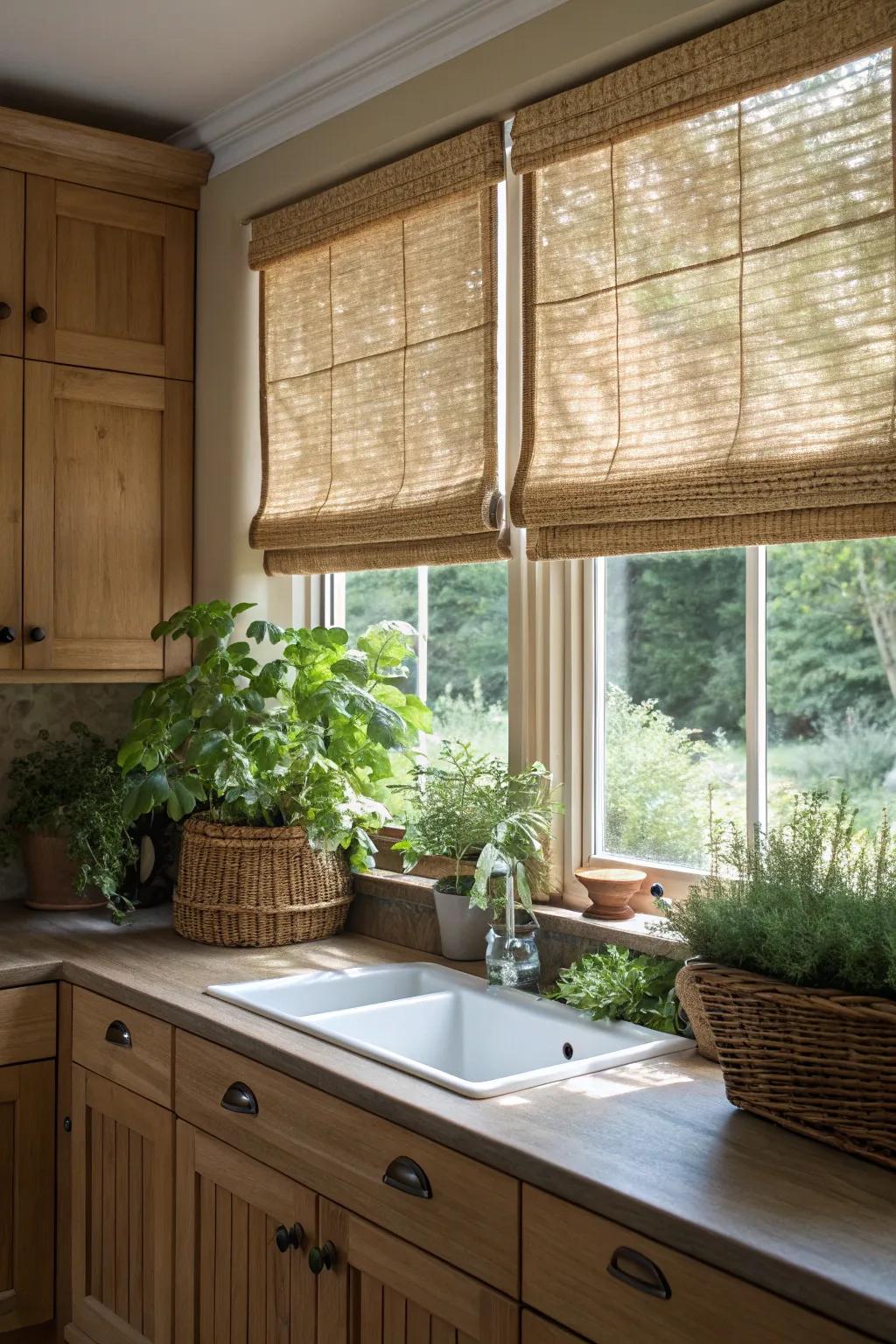 Wicker Roman shades add a natural touch to your kitchen decor.