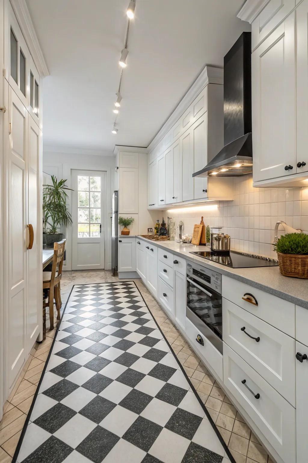 Timeless elegance with a checkerboard kitchen floor.