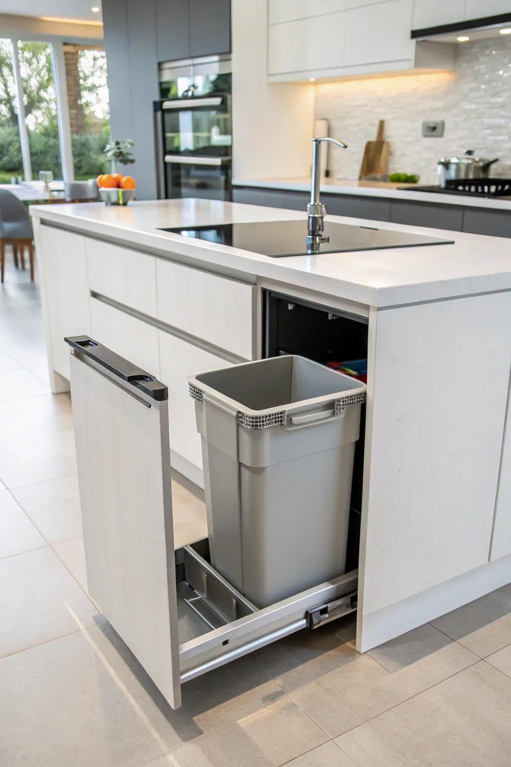 A sleek pull-out trash bin adds convenience to any kitchen island.