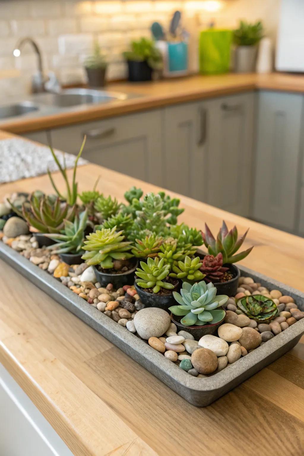 A trace of verdure courtesy of succulents enlivens the kitchen space.