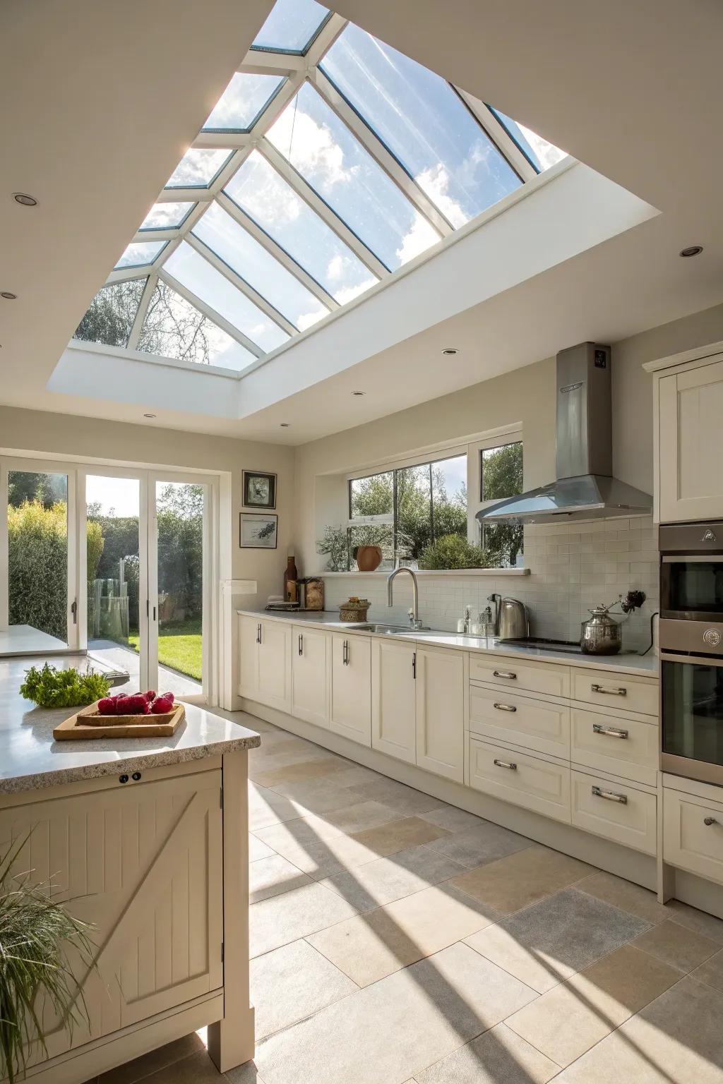 Sunlight streams into the kitchen through a skylight, resulting in a welcoming atmosphere.