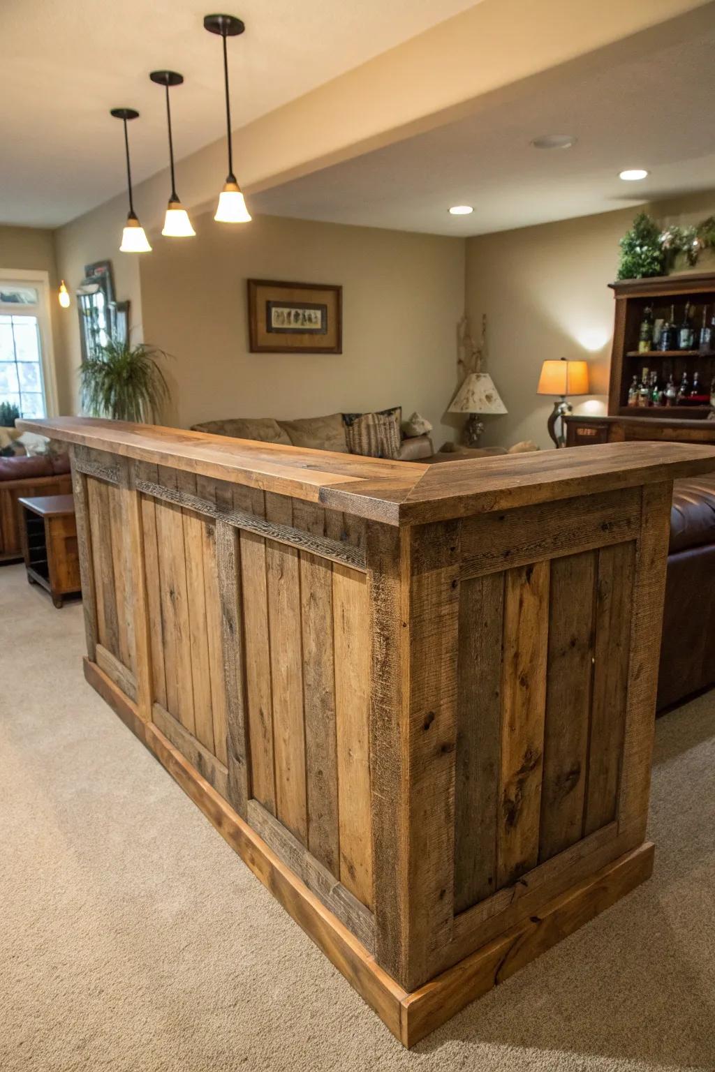 Salvaged timber introduces countryside elegance to this L-shaped bar.