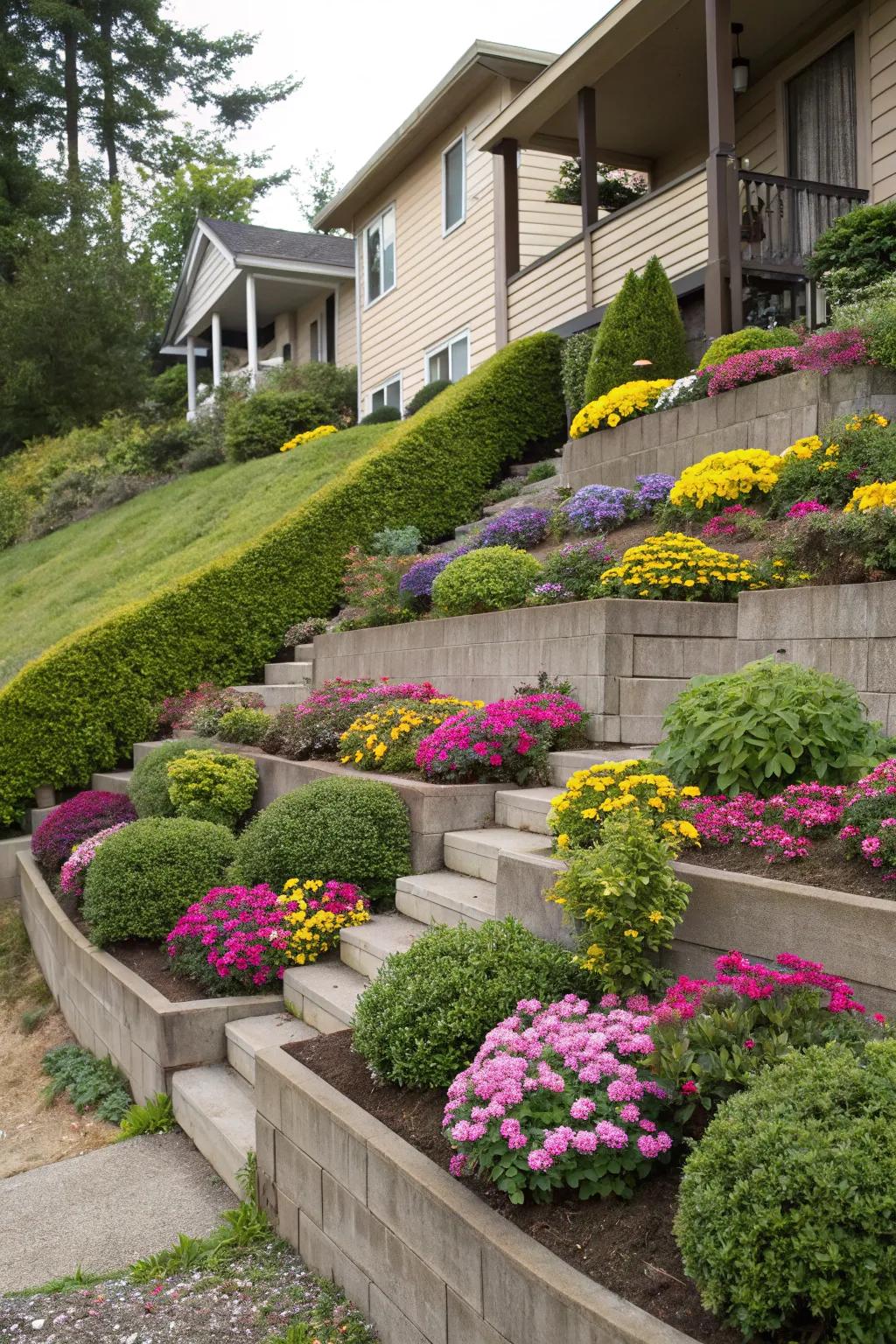Tiered garden beds are a wonderful way to convert a slope into a delightful and practical planting area.