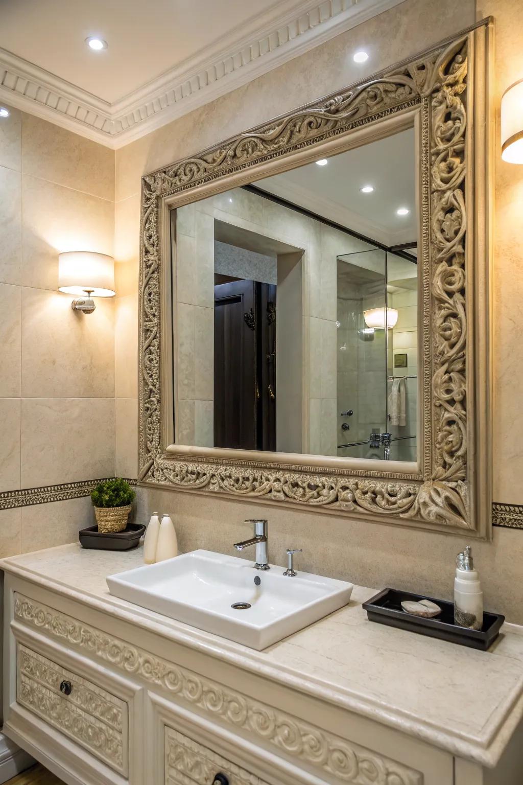 A gracefully framed mirror elevates the sophistication of your bathroom.